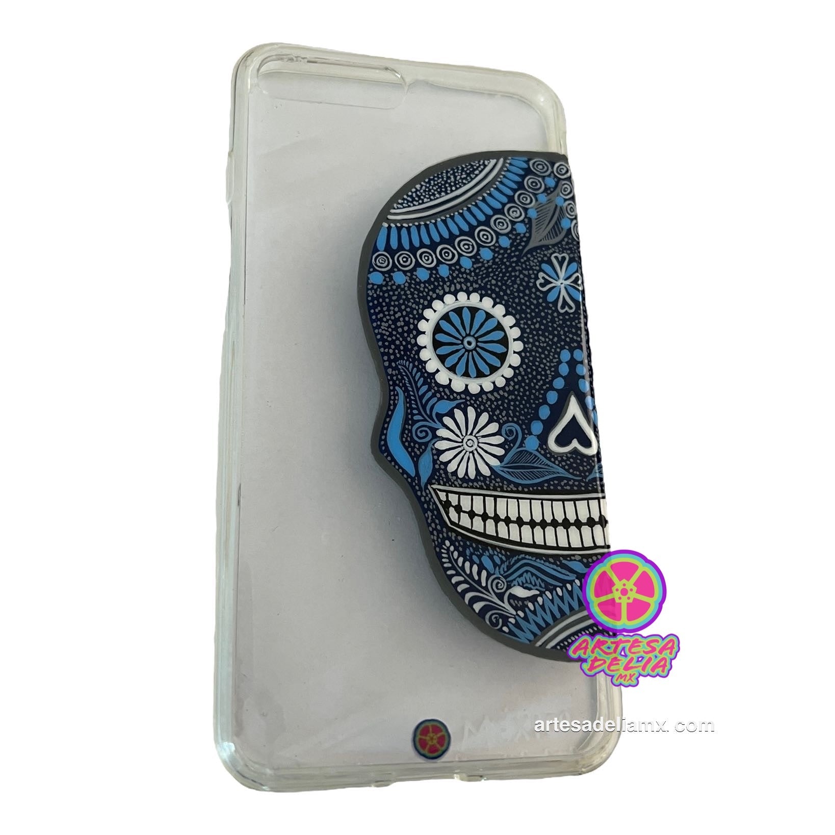 Funda Pintada a Mano iPhone 7/8 Plus Modelo Calavera Azul Transparente - Artesadelia