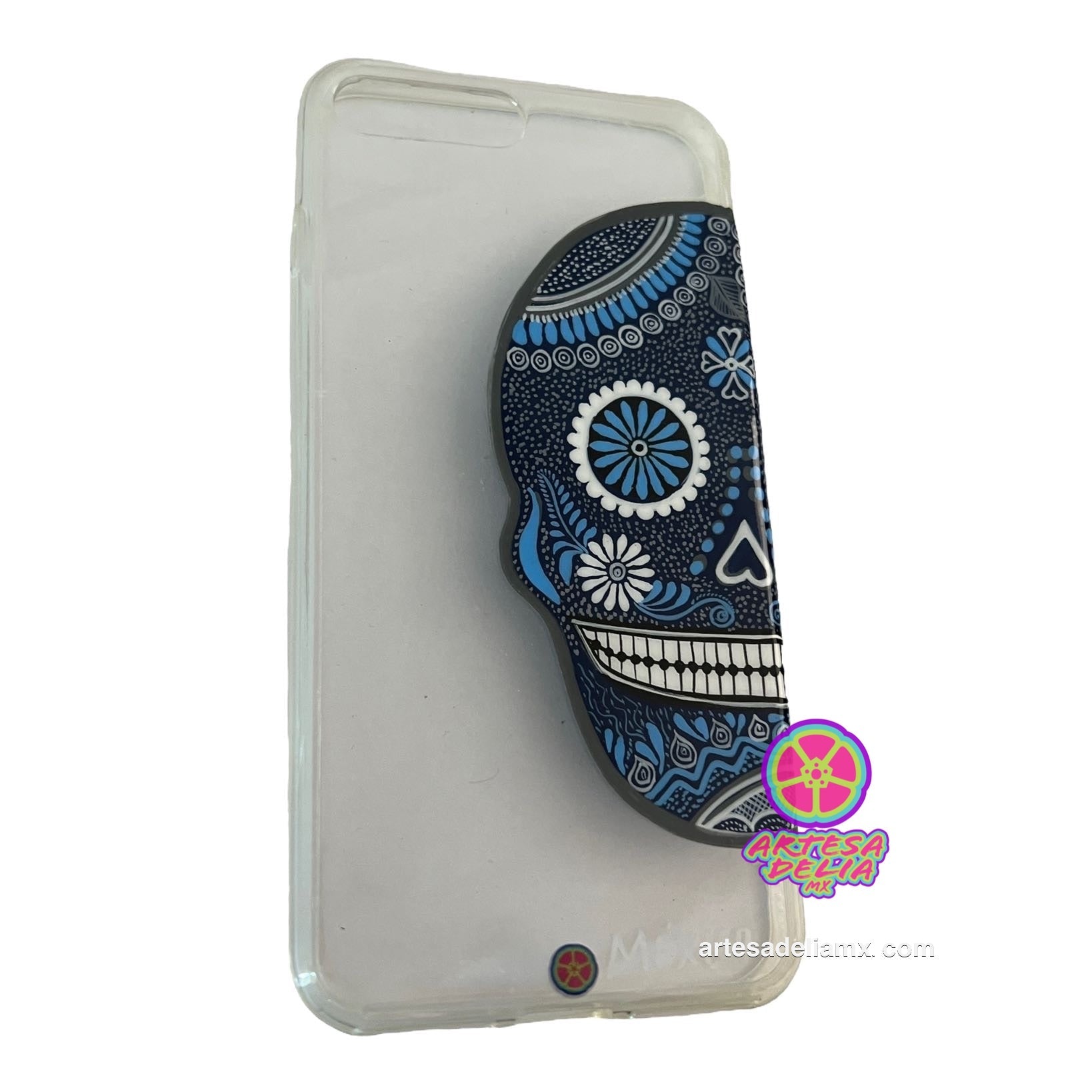 Funda Pintada a Mano iPhone 7/8 Plus Modelo Calavera Azul Transparente - Artesadelia