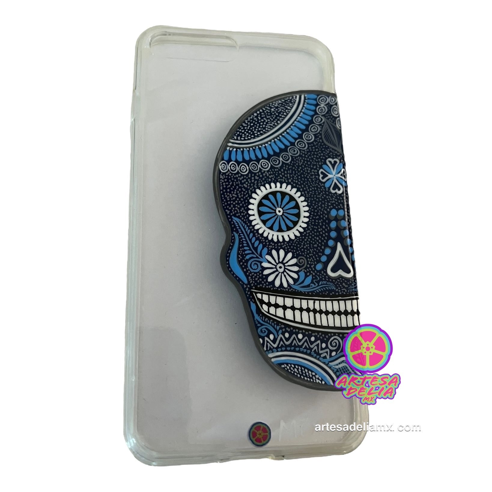 Funda Pintada a Mano iPhone 7/8 Plus Modelo Calavera Azul Transparente - Artesadelia