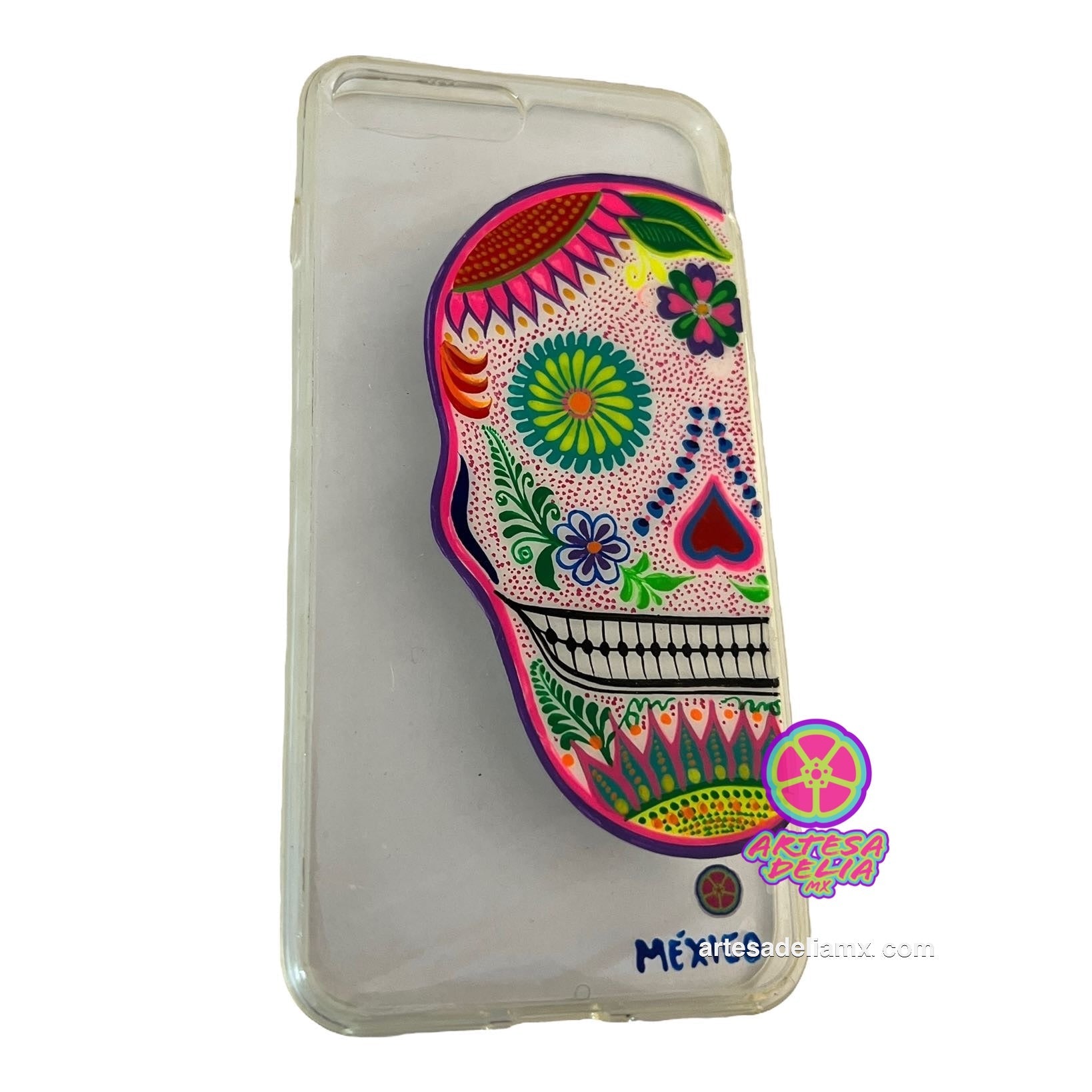 Funda Pintada a Mano iPhone 7/8 Plus Modelo Calavera Color Transparente - Artesadelia