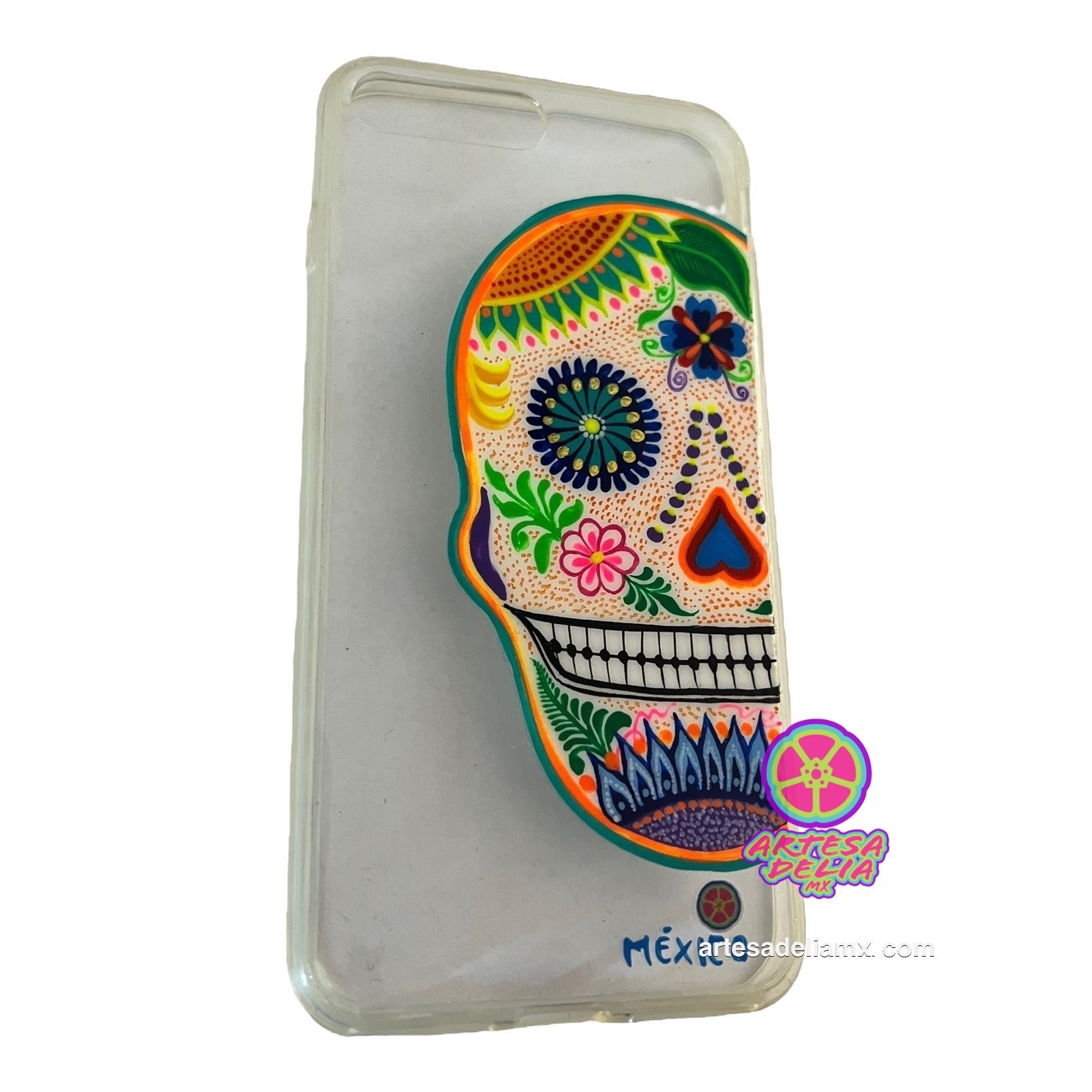 Funda Pintada a Mano iPhone 7/8 Plus Modelo Calavera Color Transparente - Artesadelia