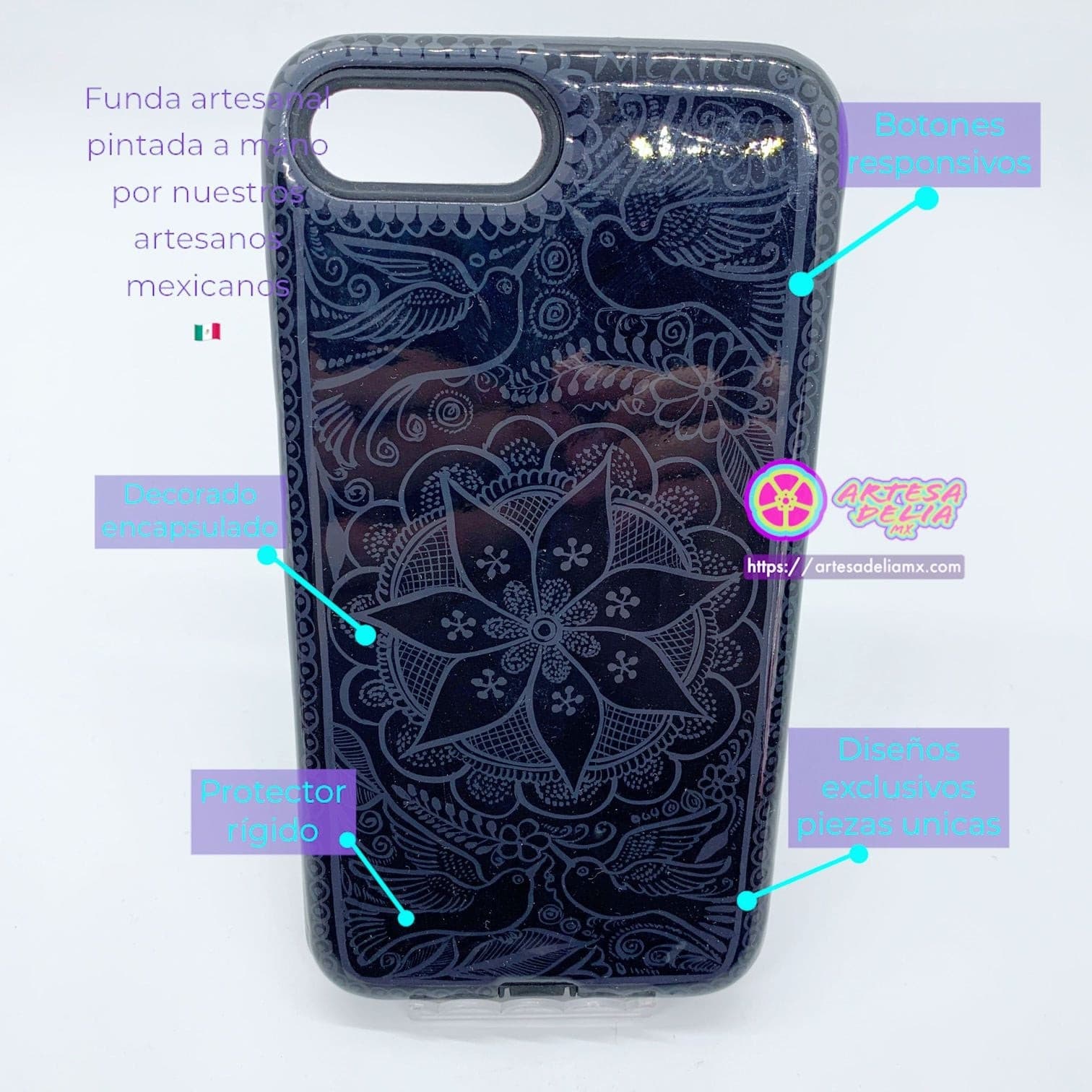 Funda Pintada a Mano iPhone 7/8 Plus Modelo Paloma Negra - Artesadelia