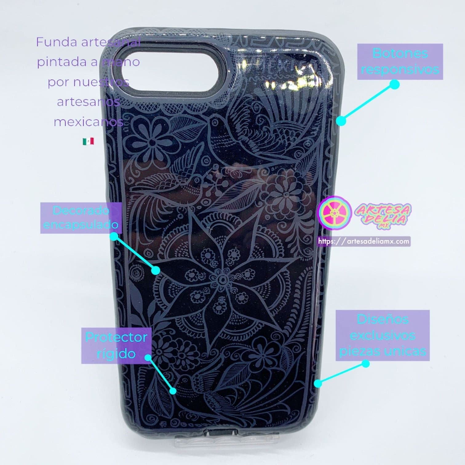Funda Pintada a Mano iPhone 7/8 Plus Modelo Paloma Negra - Artesadelia