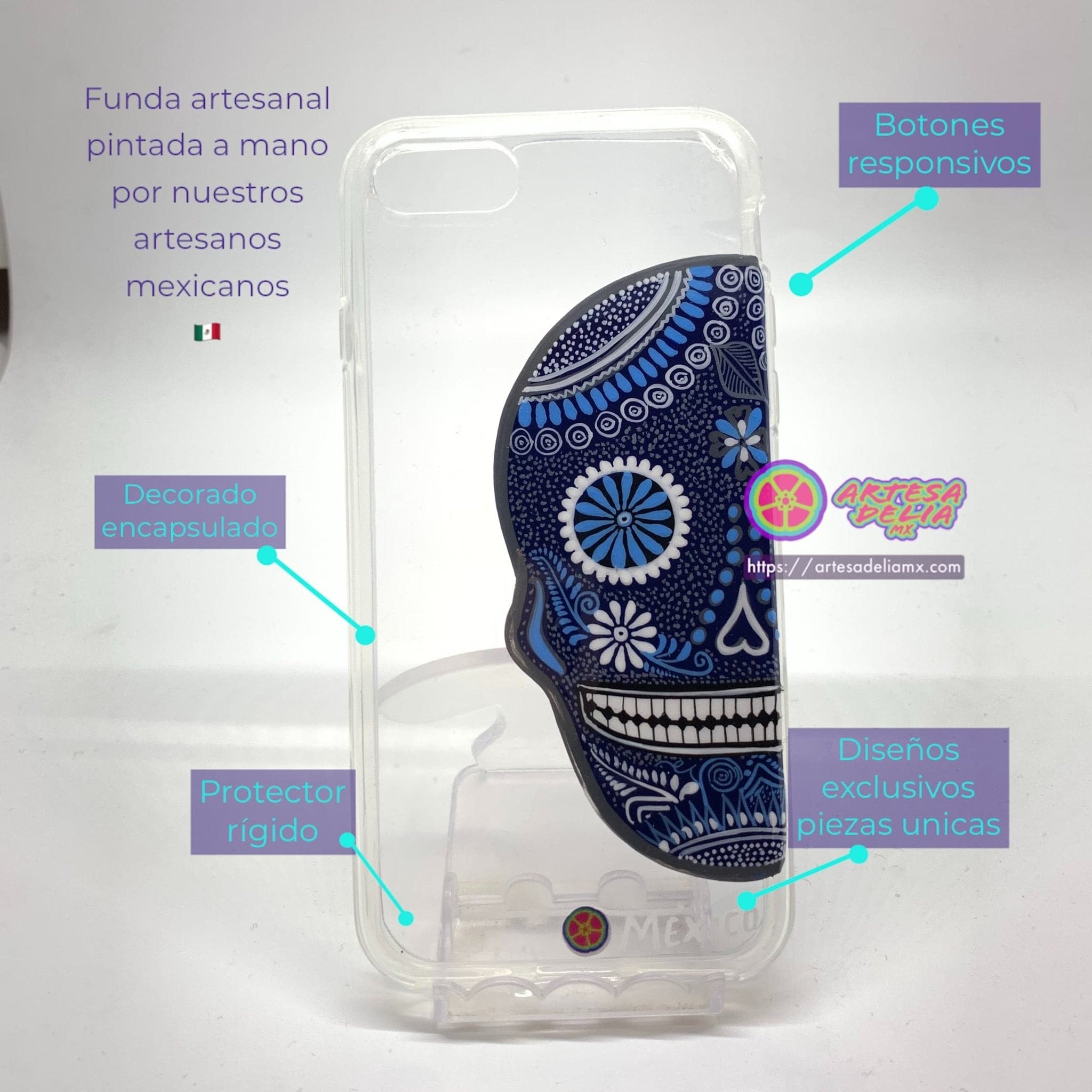 Funda pintada a mano iPhone 7/8/SE Modelo Calavera Transparente - Artesadelia