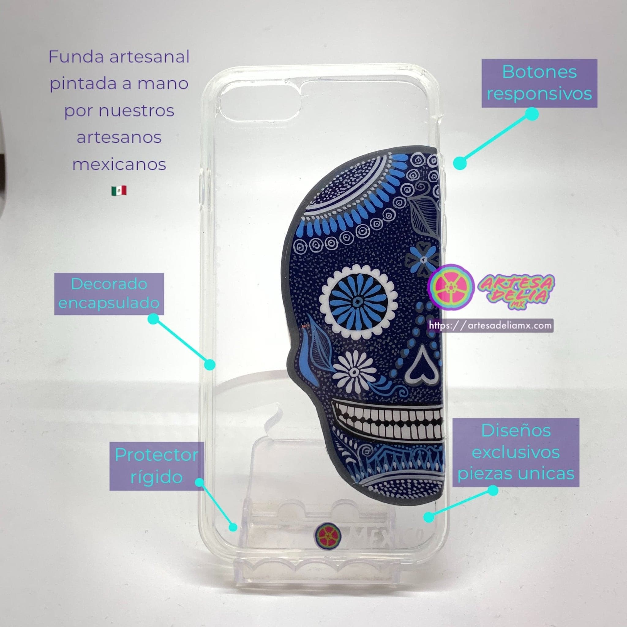 Funda pintada a mano iPhone 7/8/SE Modelo Calavera Transparente - Artesadelia