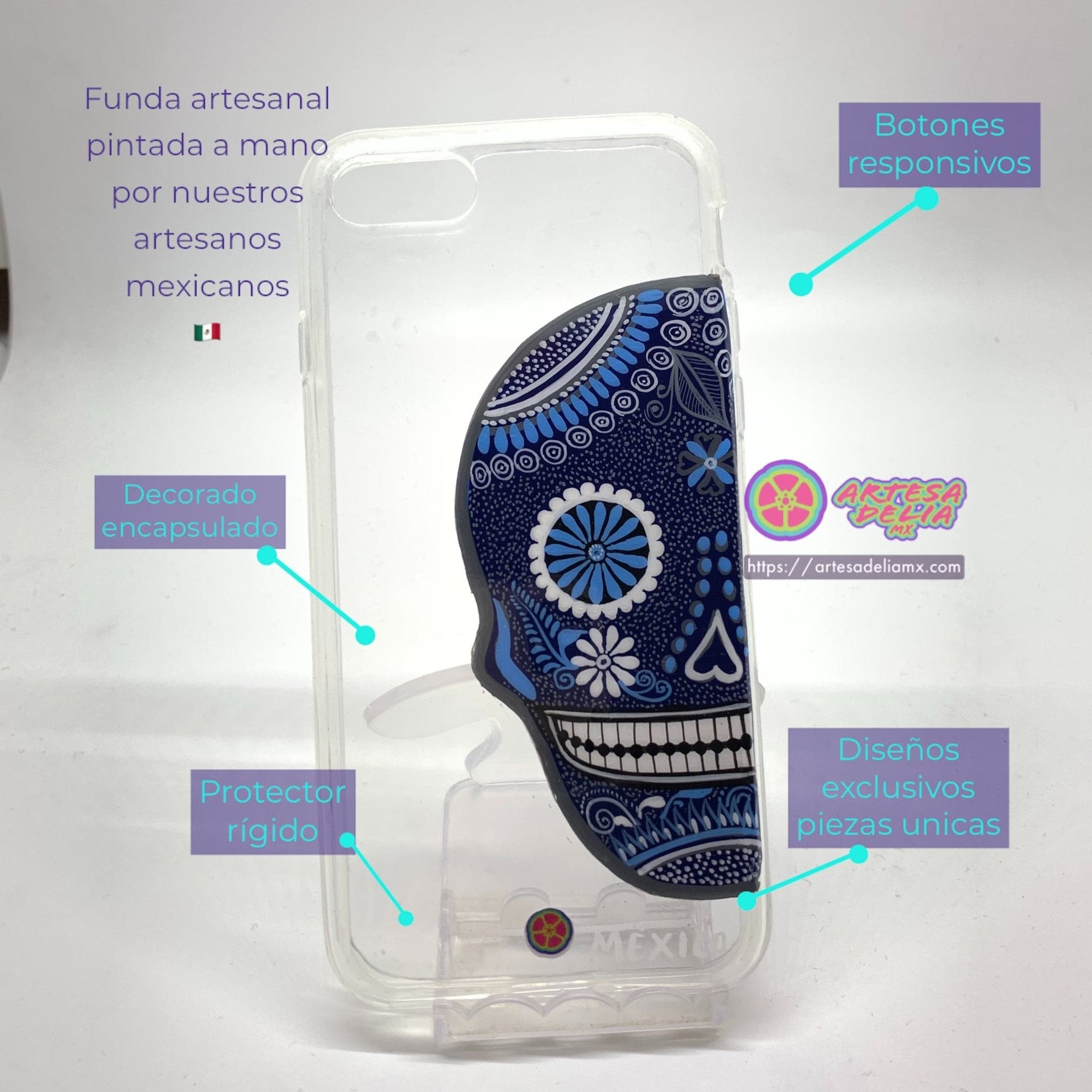 Funda pintada a mano iPhone 7/8/SE Modelo Calavera Transparente - Artesadelia