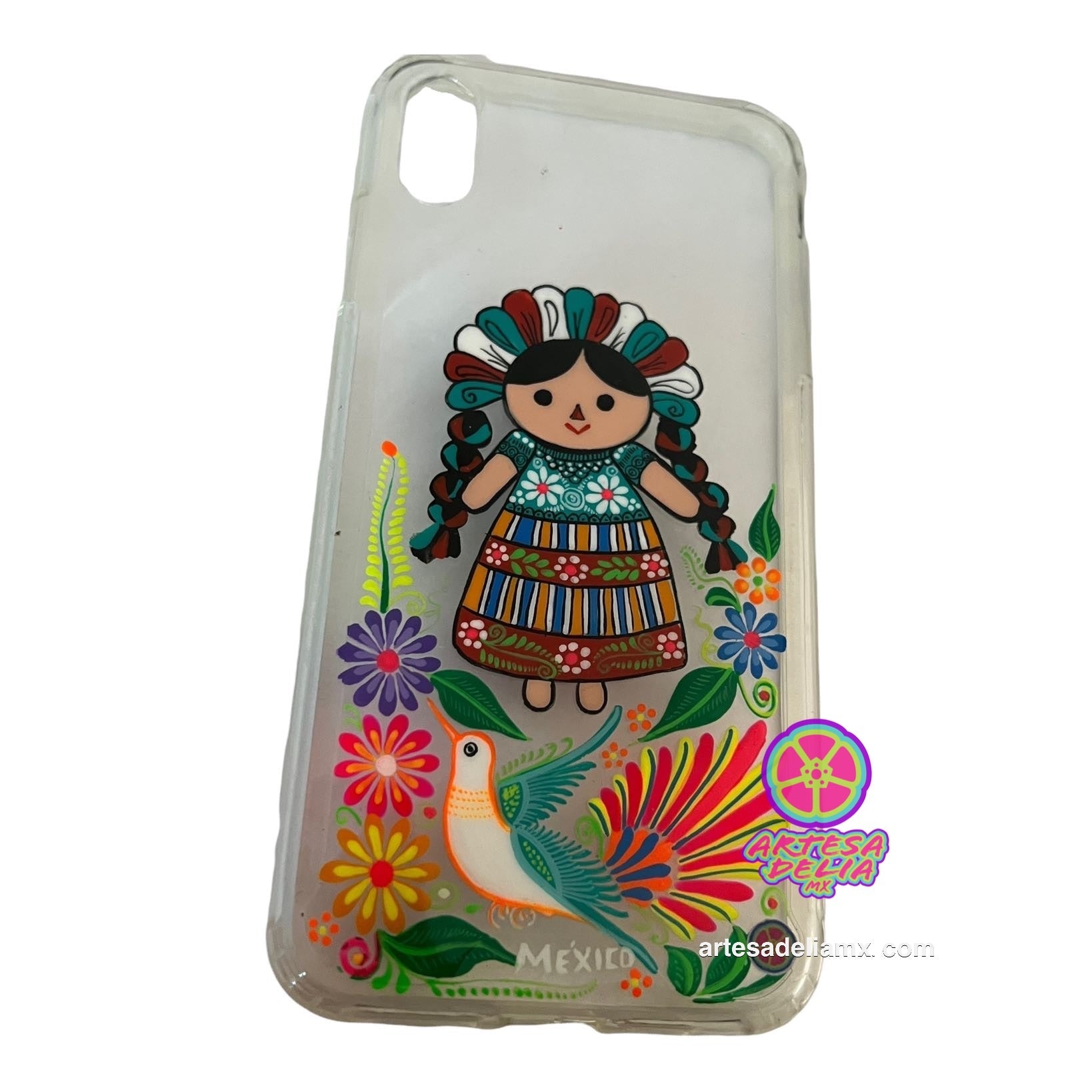 Funda Pintada a Mano iPhone XS MAX Modelo Muñeca Lele Transparente - Artesadelia